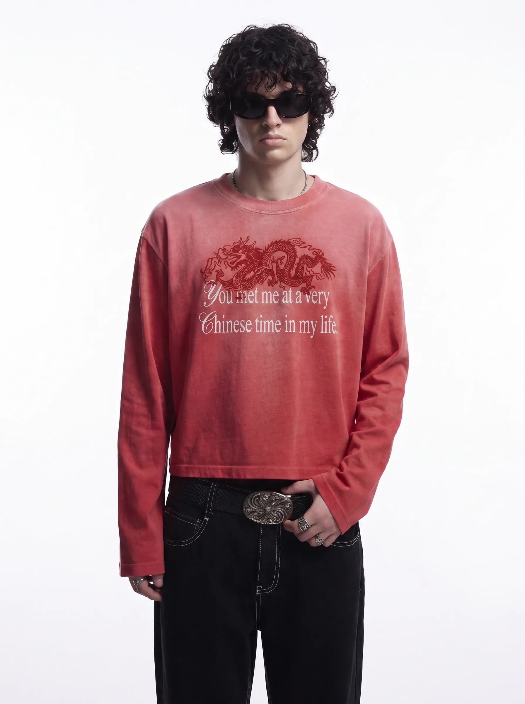 Model wearing the Very Chinese Time washed crimson long sleeve