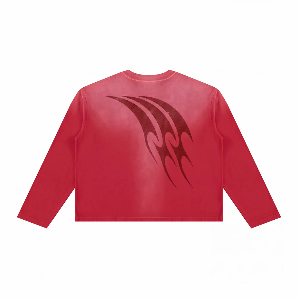 Back of the washed crimson long sleeve with the triple claw print