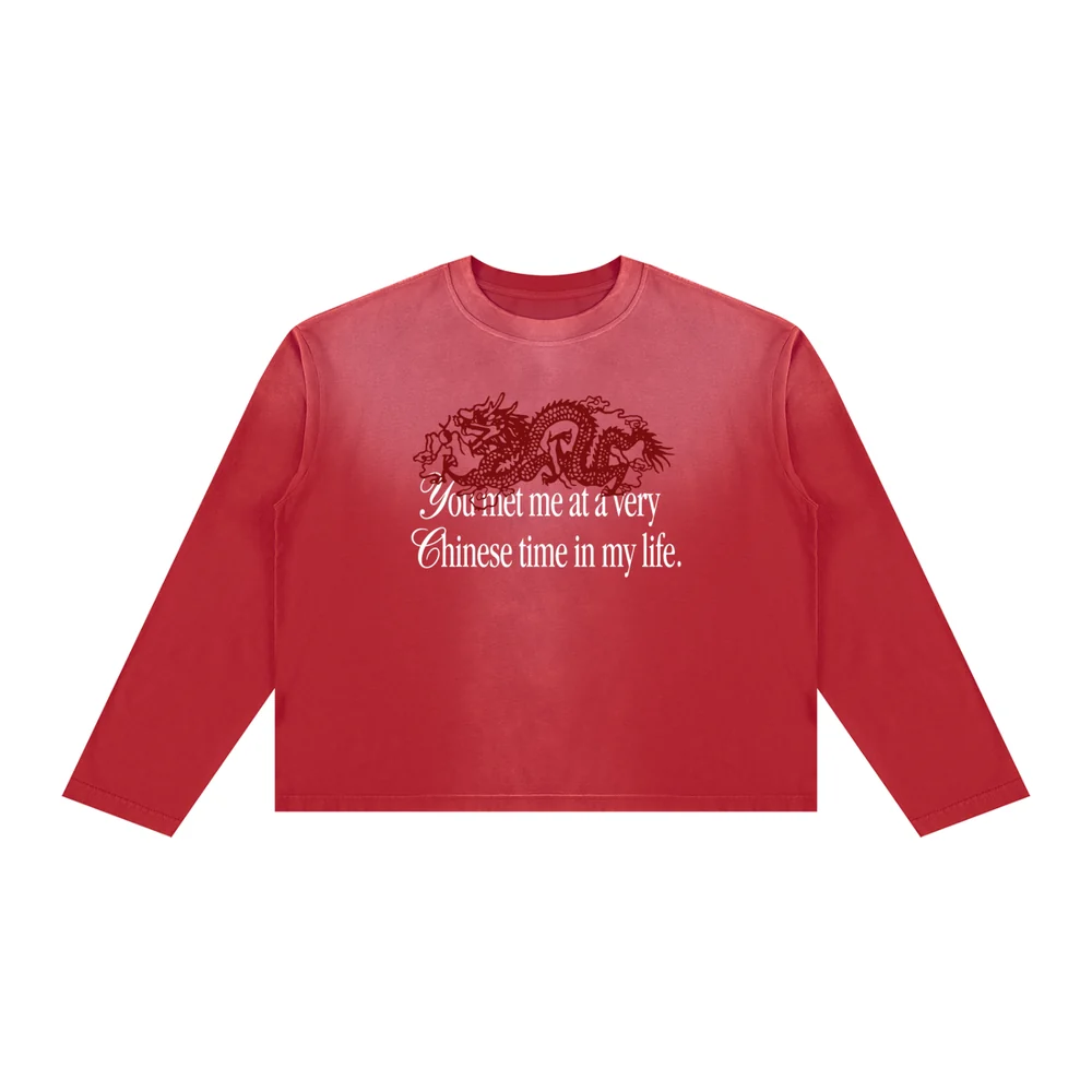 Front of the washed crimson long sleeve with the dragon script print